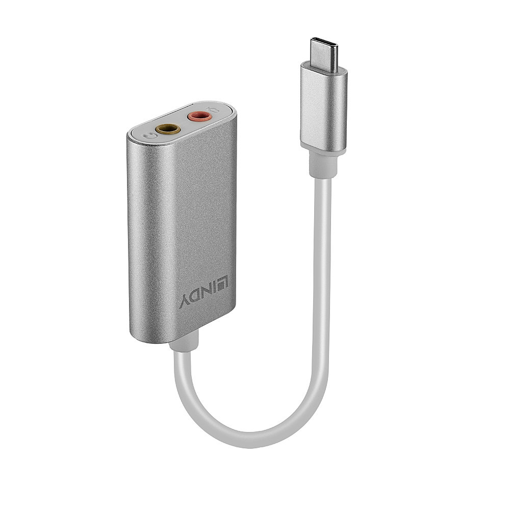 Adattatore audio argento con USB-C e jack da 3,5 mm, cavo bianco, sfondo bianco.