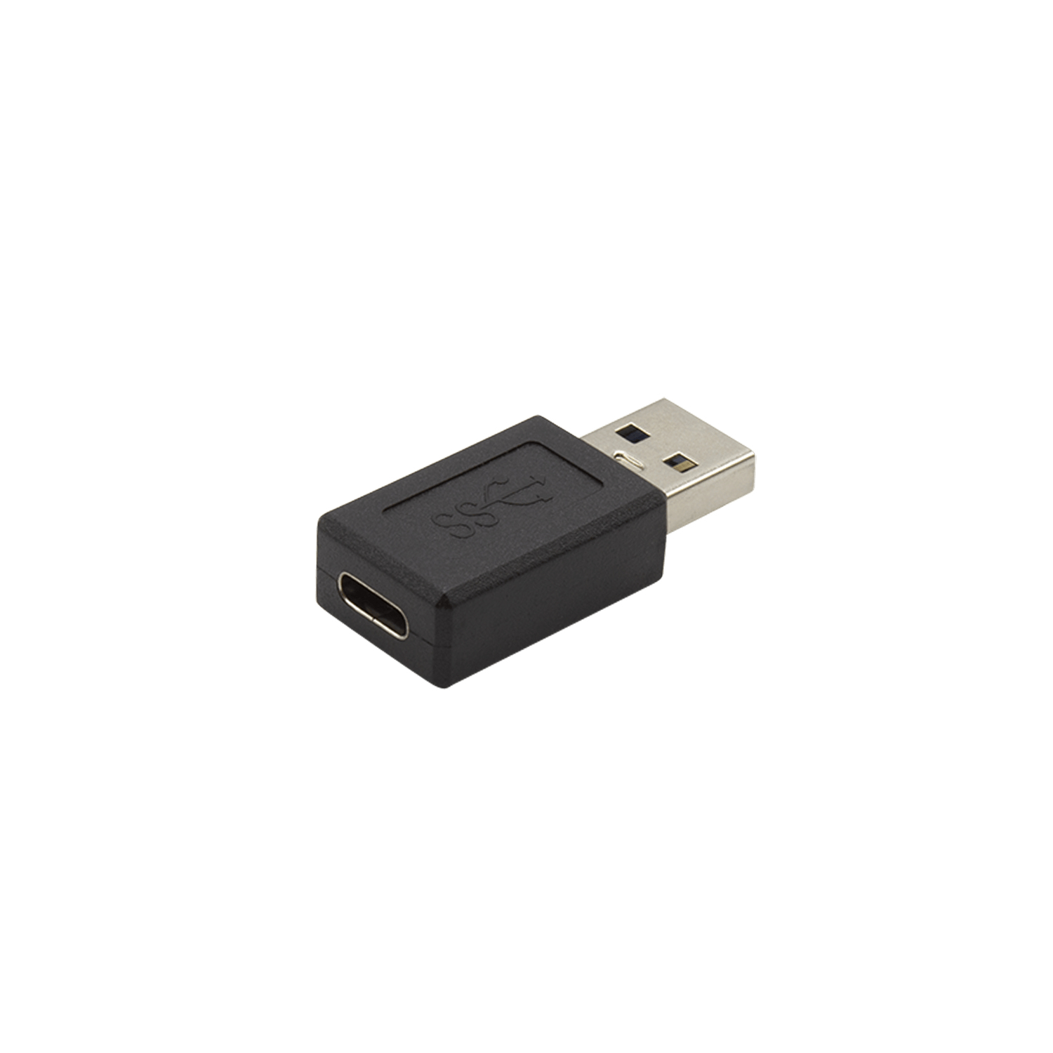 Adattatore nero da USB-C a USB-A su sfondo bianco. Mostra la porta USB-A e la porta USB-C. L'adattatore ha un logo.