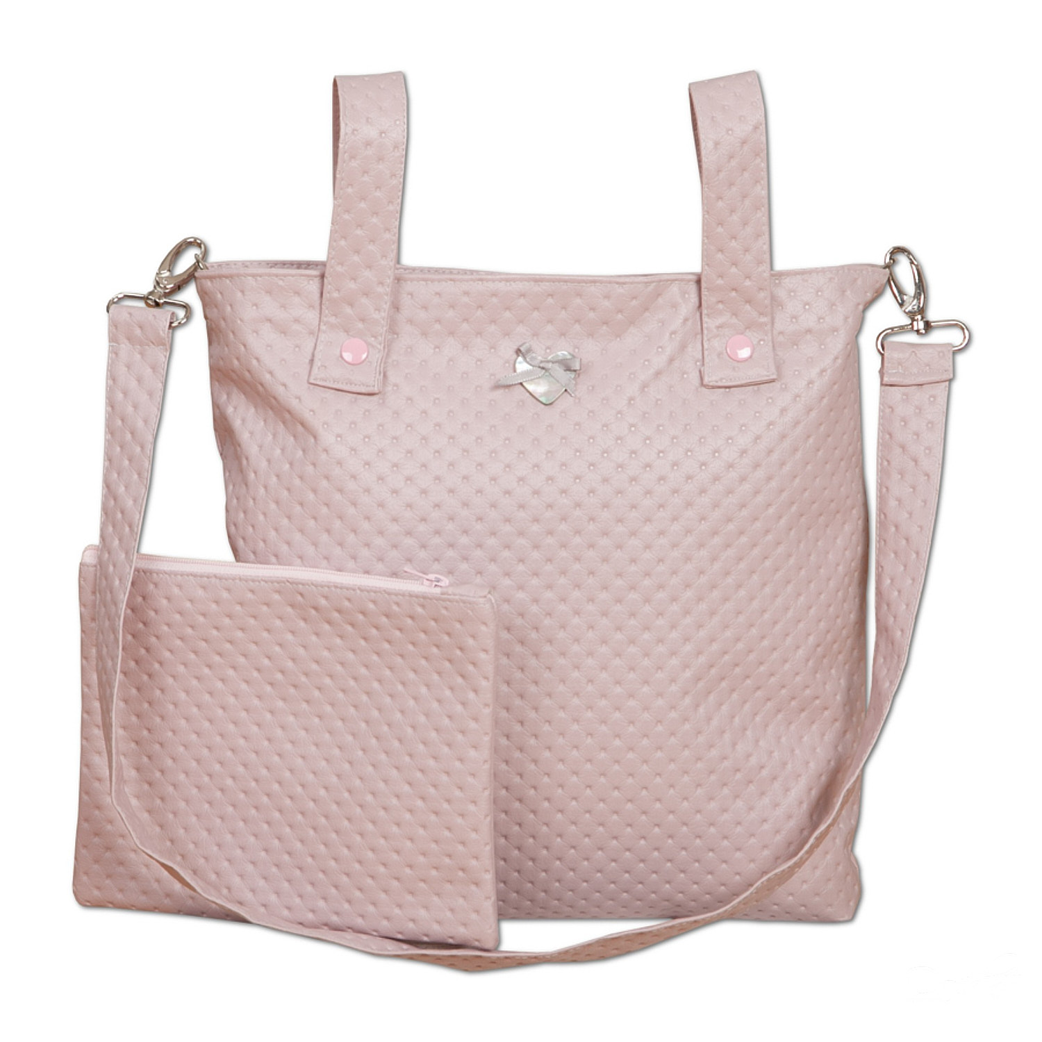 Juego de bolsos para bebés rosas. Incluye bolso, monedero y bolsa. Fondo blanco.