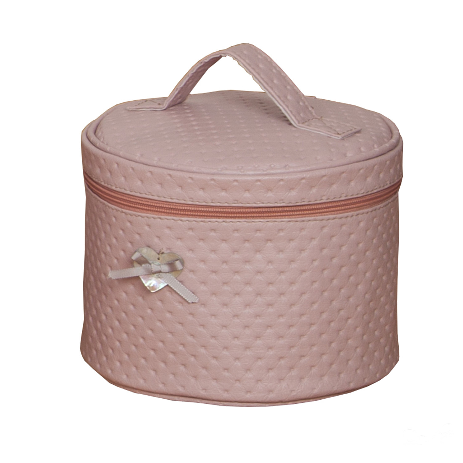 Bolsa de cosméticos redonda rosa con asa. Fondo blanco.