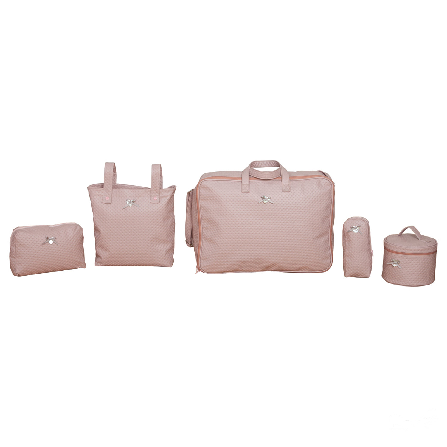 Juego de bolsos para bebés rosas. Incluye múltiples bolsas. Fondo blanco.