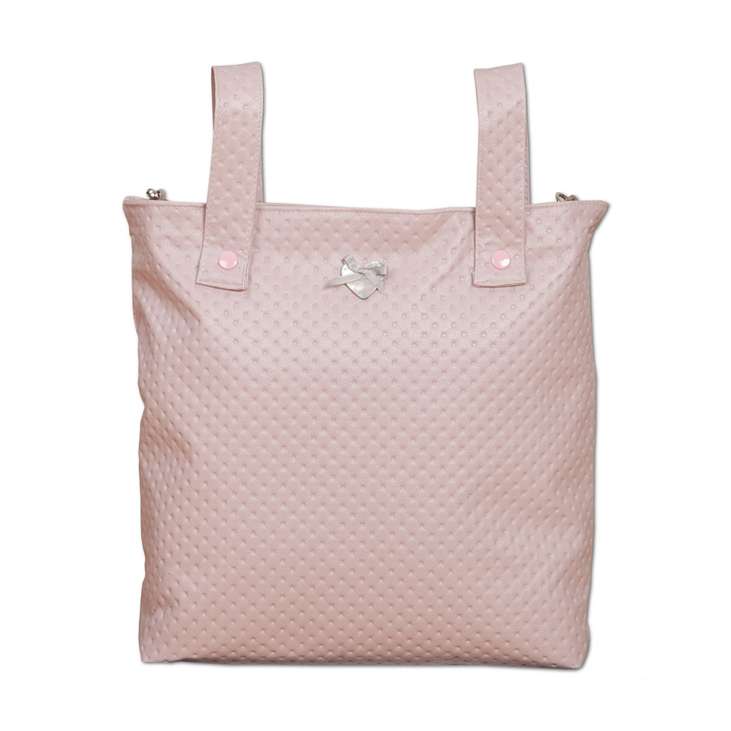 Bolso de bebé rosa acolchado con asas y lazo plateado.