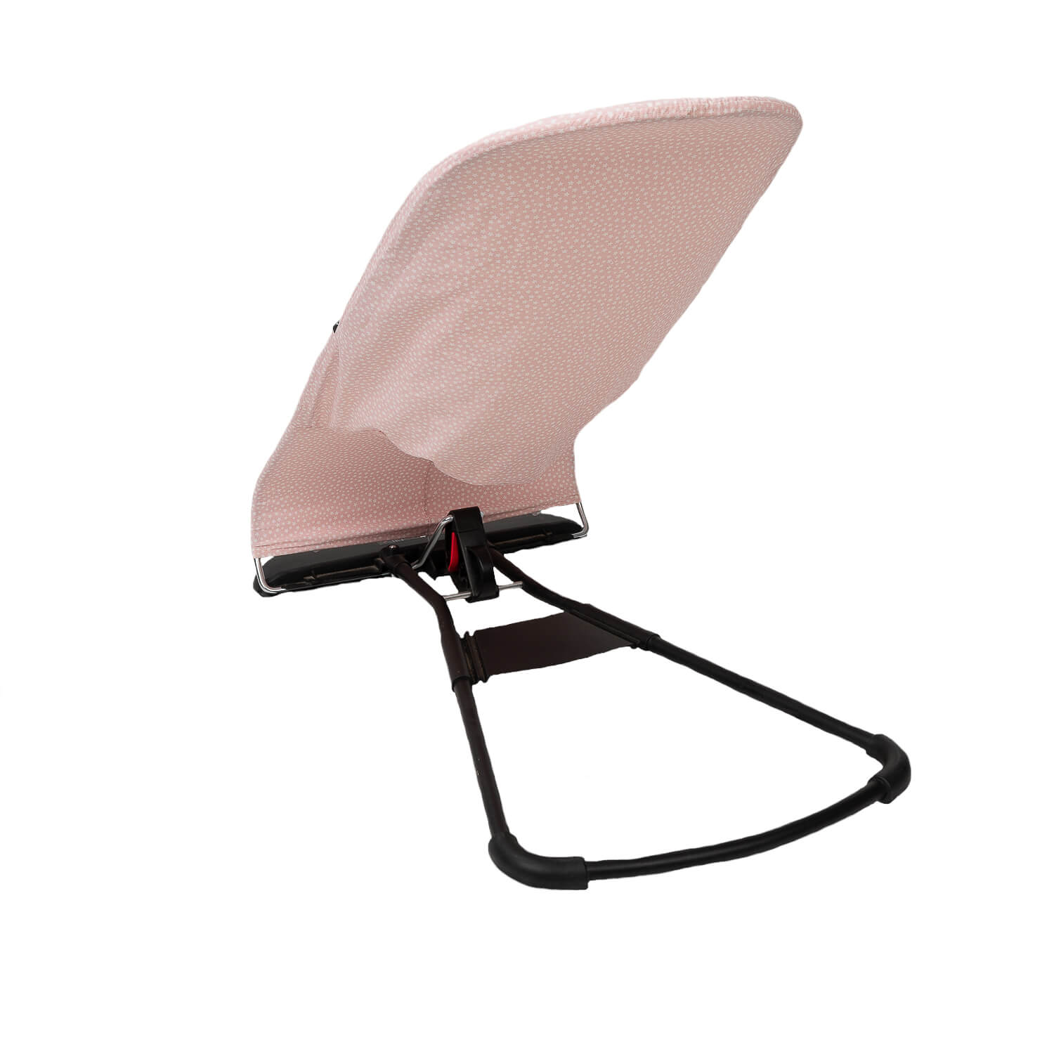 Silla hamaca, tela rosa con lunares. Marco y base negros. Palanca roja visible.