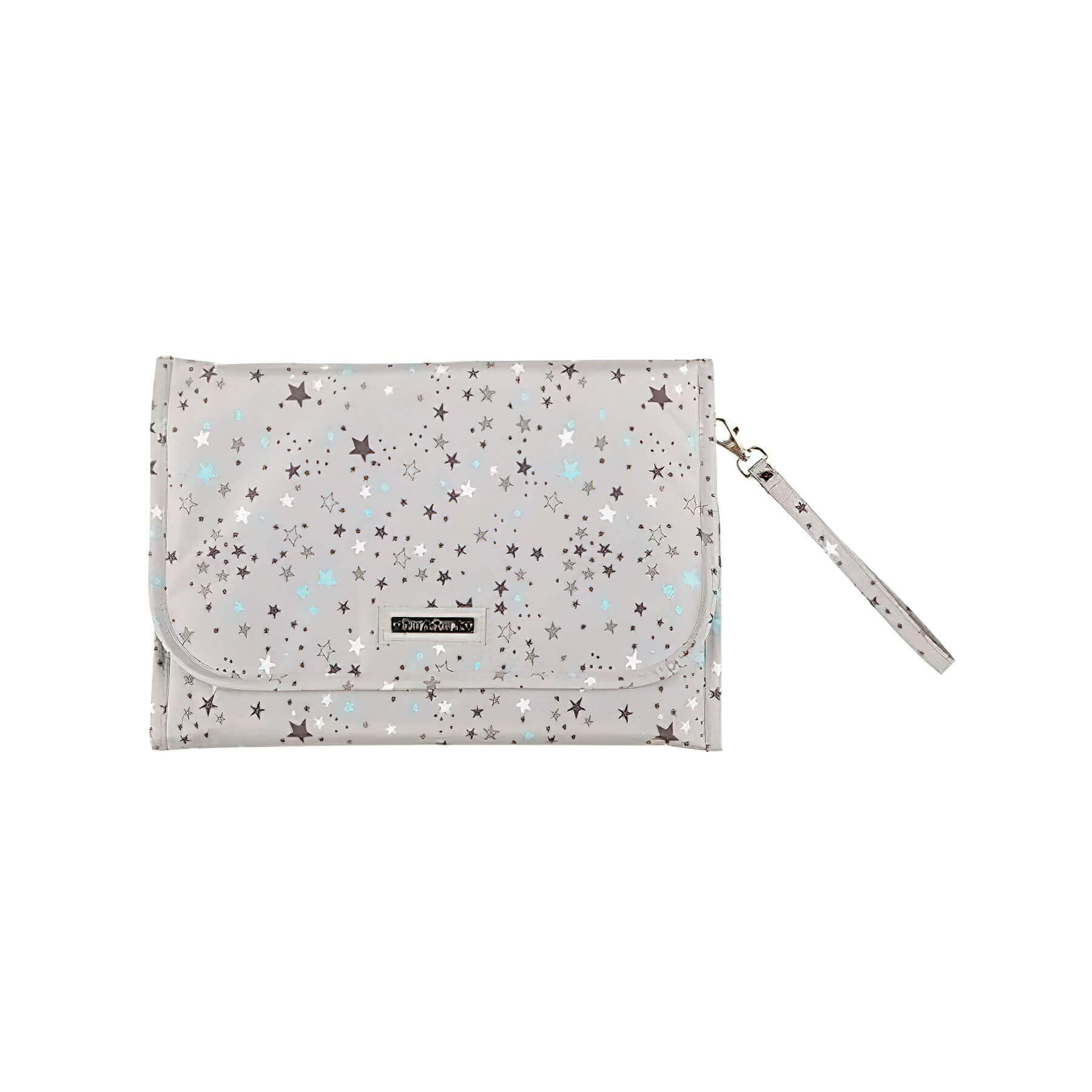 Cambiador gris con estampado de estrellas. Estrellas plateadas y azules. Fondo blanco.