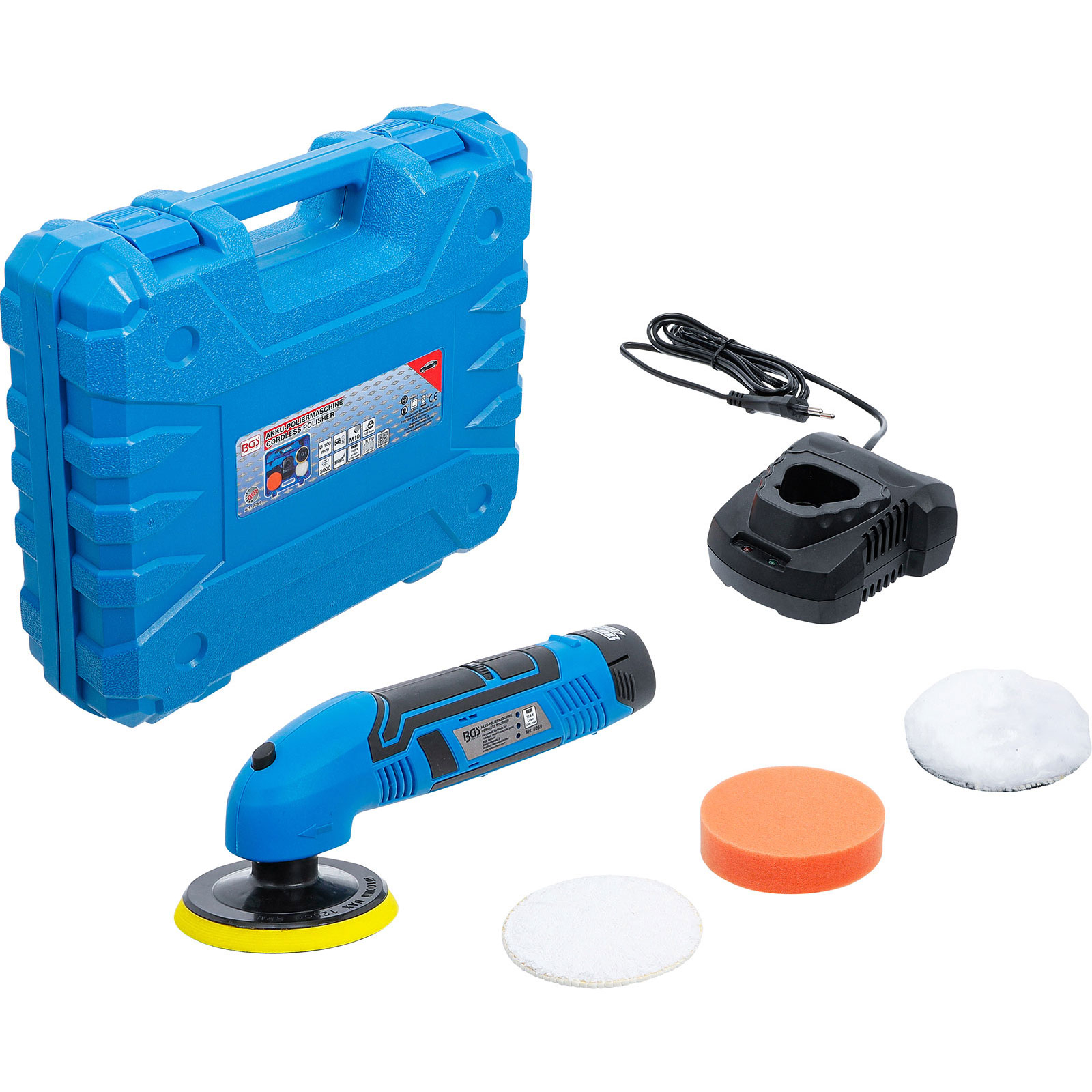 Kit lucidatrice blu con custodia e accessori. Sfondo bianco.