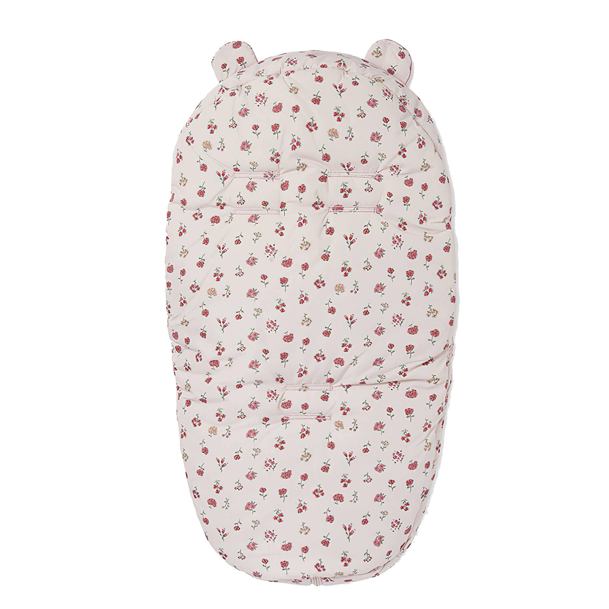 Saco de dormir para bebé, estampado floral, fondo blanco.