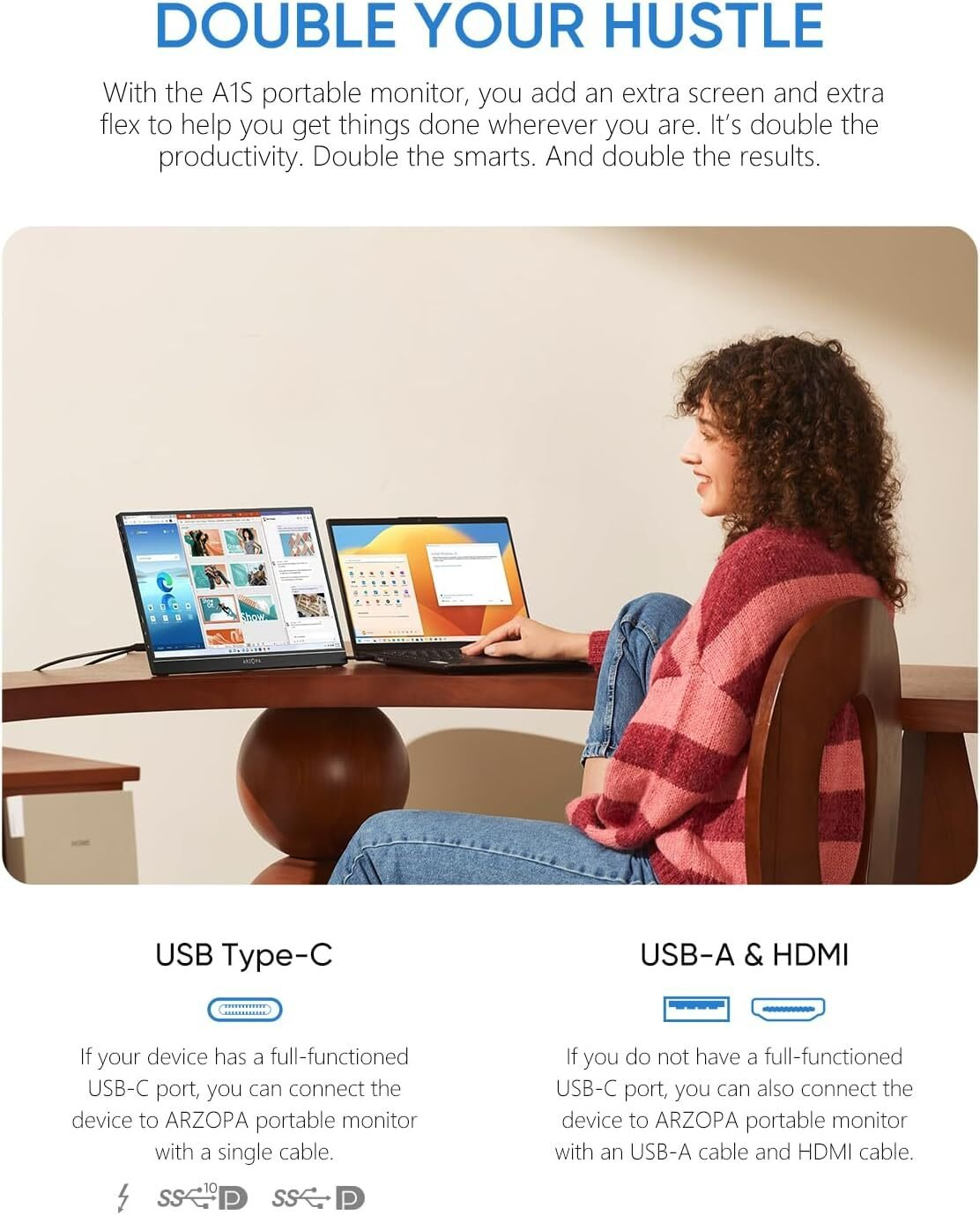 Una mujer usando una laptop con un monitor adicional que muestra una vista de escritorio.