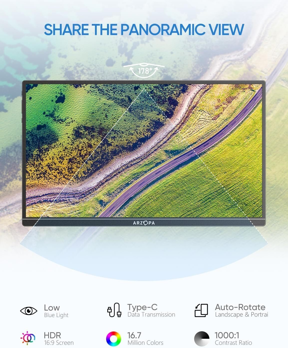 Un monitor que muestra una vista del paisaje con texto abajo sobre las características.