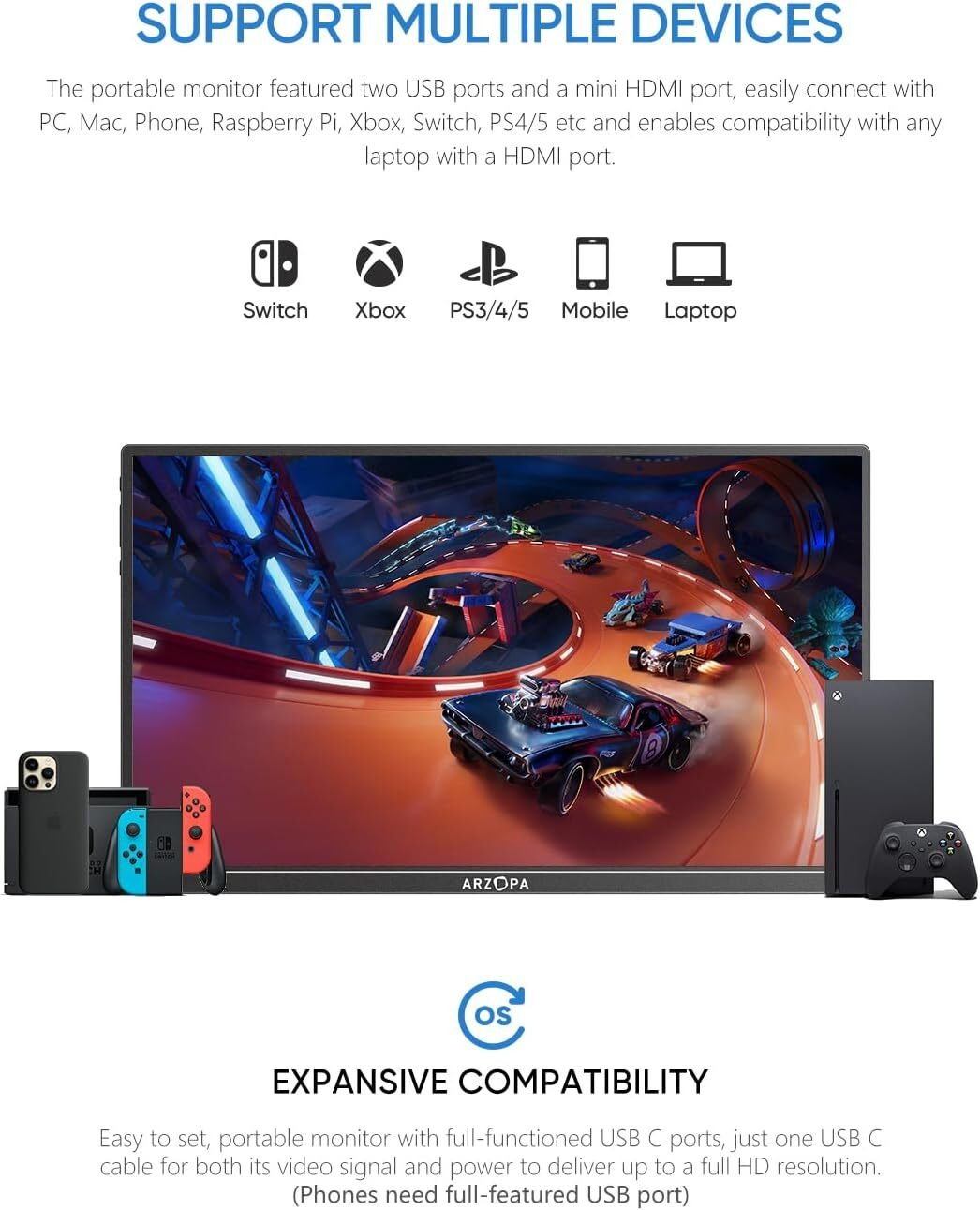 Un monitor que muestra un juego de carreras con consolas y accesorios debajo.