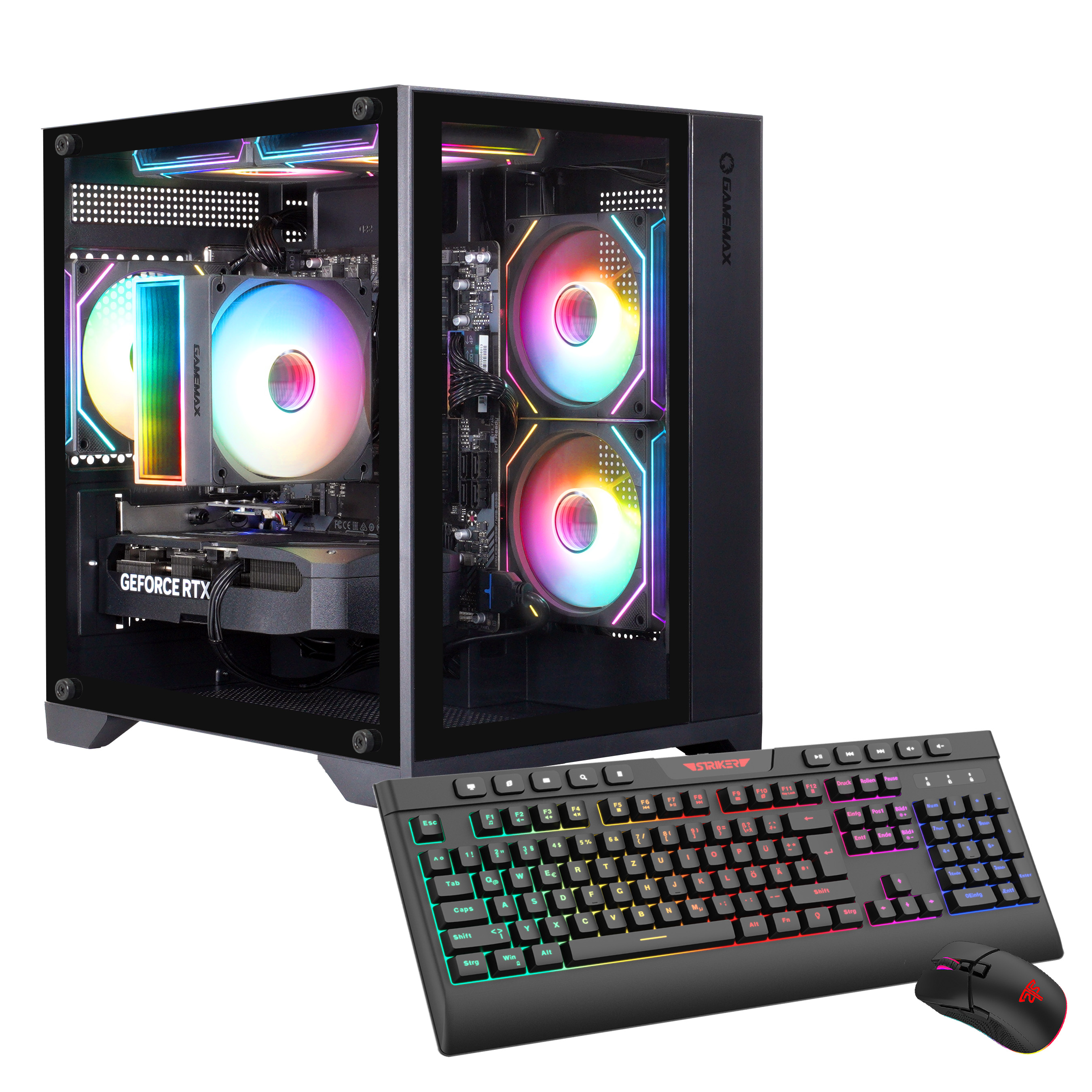 Schwarzes Computergehäuse mit Tastatur, Maus und Computerkomponenten.