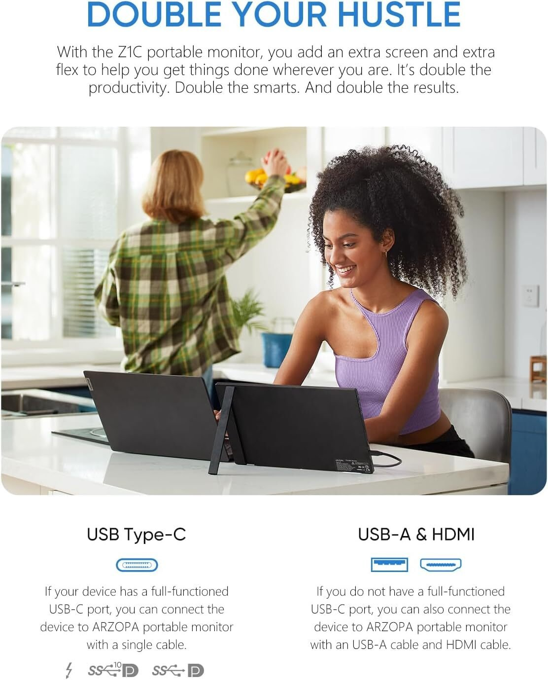 Dos mujeres trabajan con monitores portátiles. Texto sobre puertos USB Tipo-C y USB-A y HDMI.