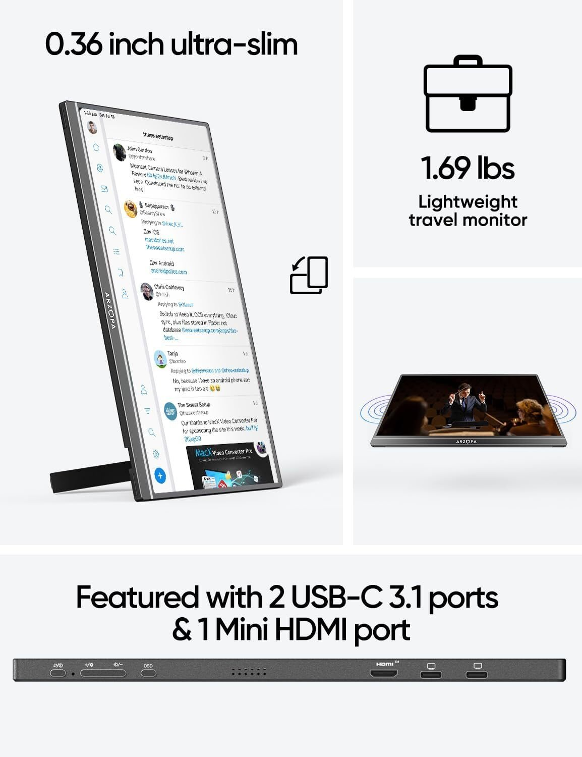 Un monitor portátil negro con una pantalla que muestra un feed de redes sociales y un portátil.