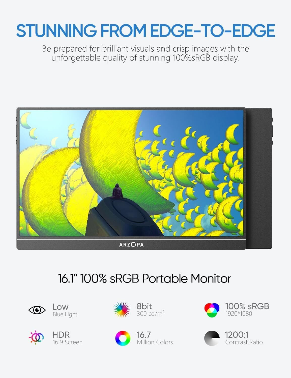 Un monitor portátil muestra una imagen abstracta colorida con formas amarillas y verdes. Se incluye texto.