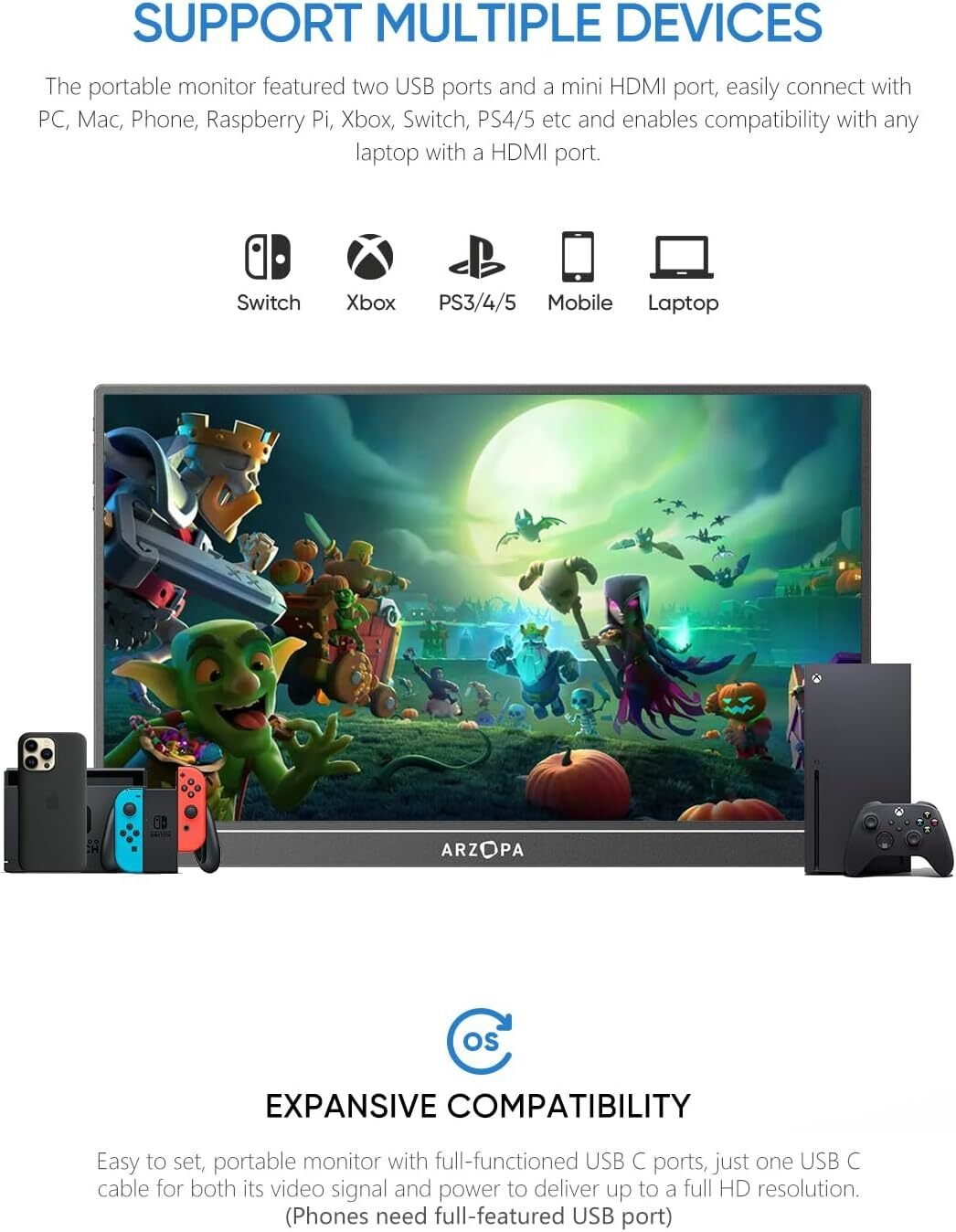 Un monitor portátil muestra una escena de dibujos animados. Se muestran dispositivos como Switch, Xbox, PS, teléfono y portátil.