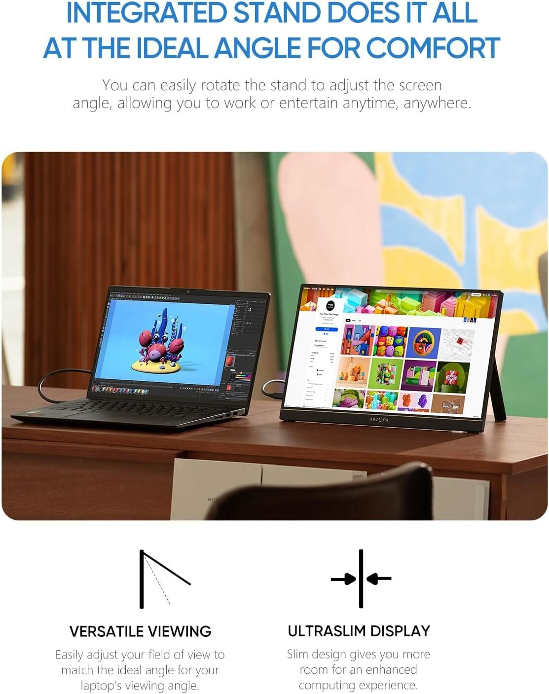Dos monitores en un escritorio que muestran contenido diferente. Una laptop está cerca. Se incluye texto.