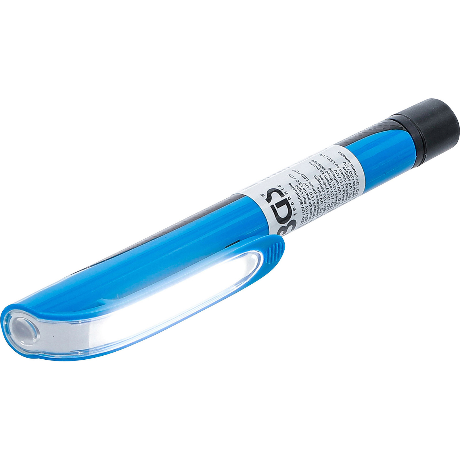 Blaue UV-LED-Leuchte mit transparentem Kopf und schwarzem Griff.