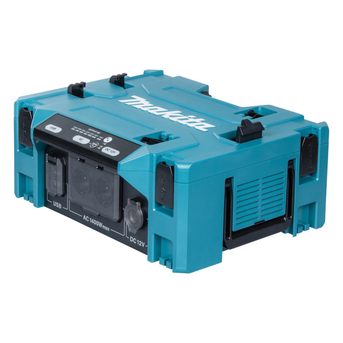 Eine hellblaue Makita-Werkzeugkiste mit Makita-Logo oben. Mit USB-, AC- und DC-Anschlüssen sowie einem DC-Anschluss.
