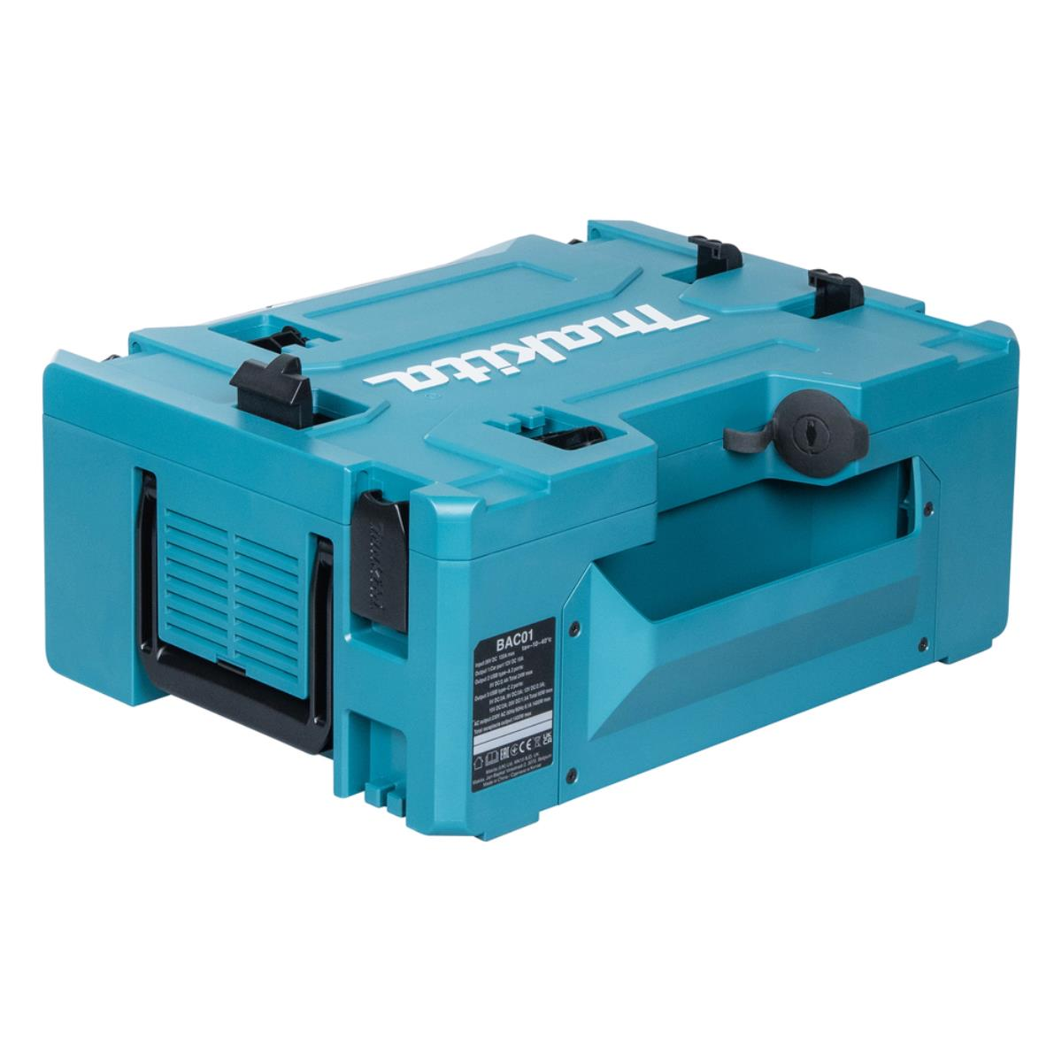 Türkisfarbener Makita Werkzeugkoffer mit schwarzen Verschlüssen und Griff. Makita-Logo oben. Weißer Hintergrund.