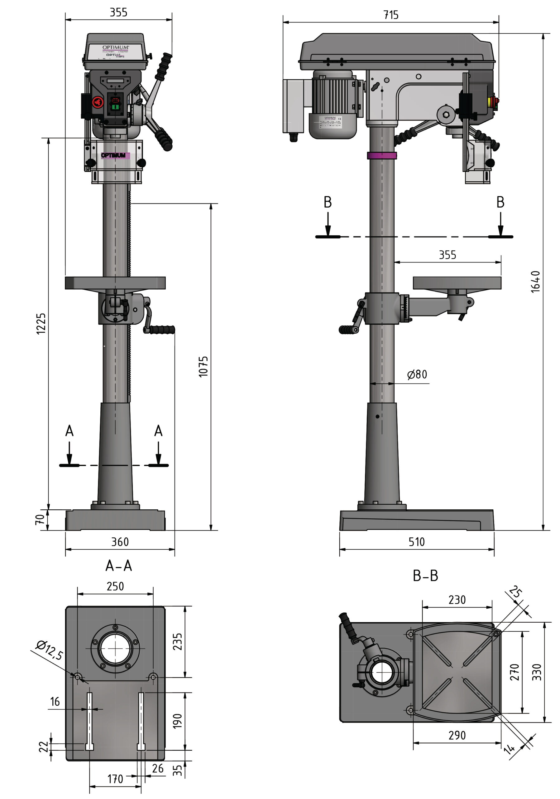 Diagramm einer Bohrmaschine mit Abmessungen, Seiten- und Draufsicht.