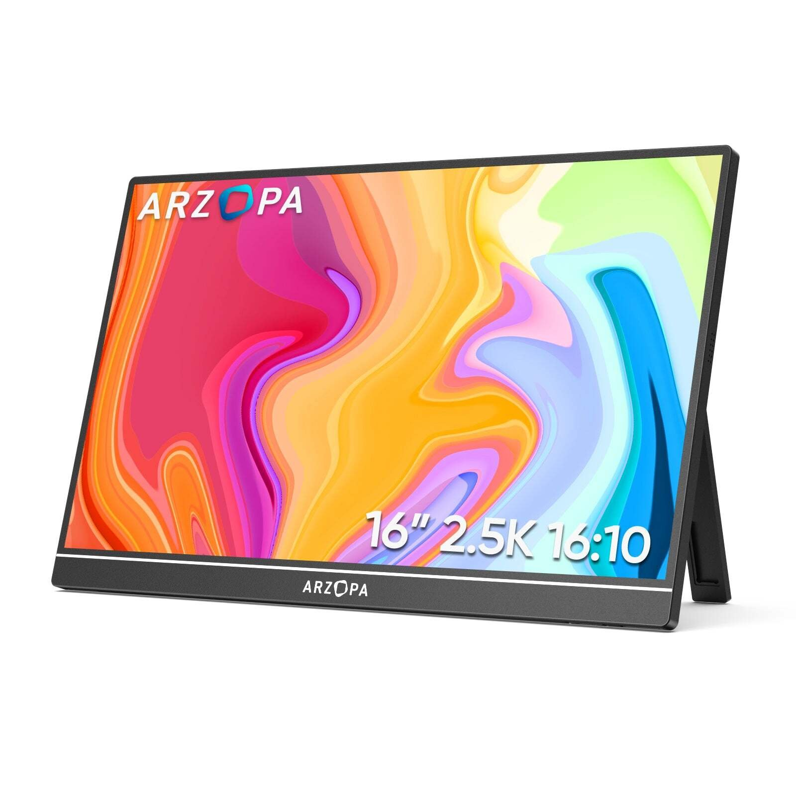 Un monitor portátil ARZOPA de 16" negro. La pantalla muestra gráficos coloridos. Fondo blanco.