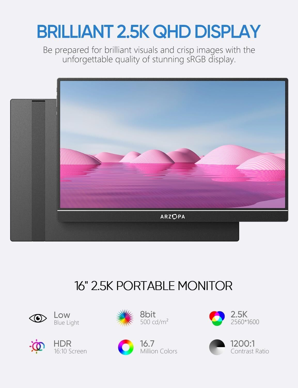 Monitor portátil con texto sobre las características de la pantalla y una carcasa negra.