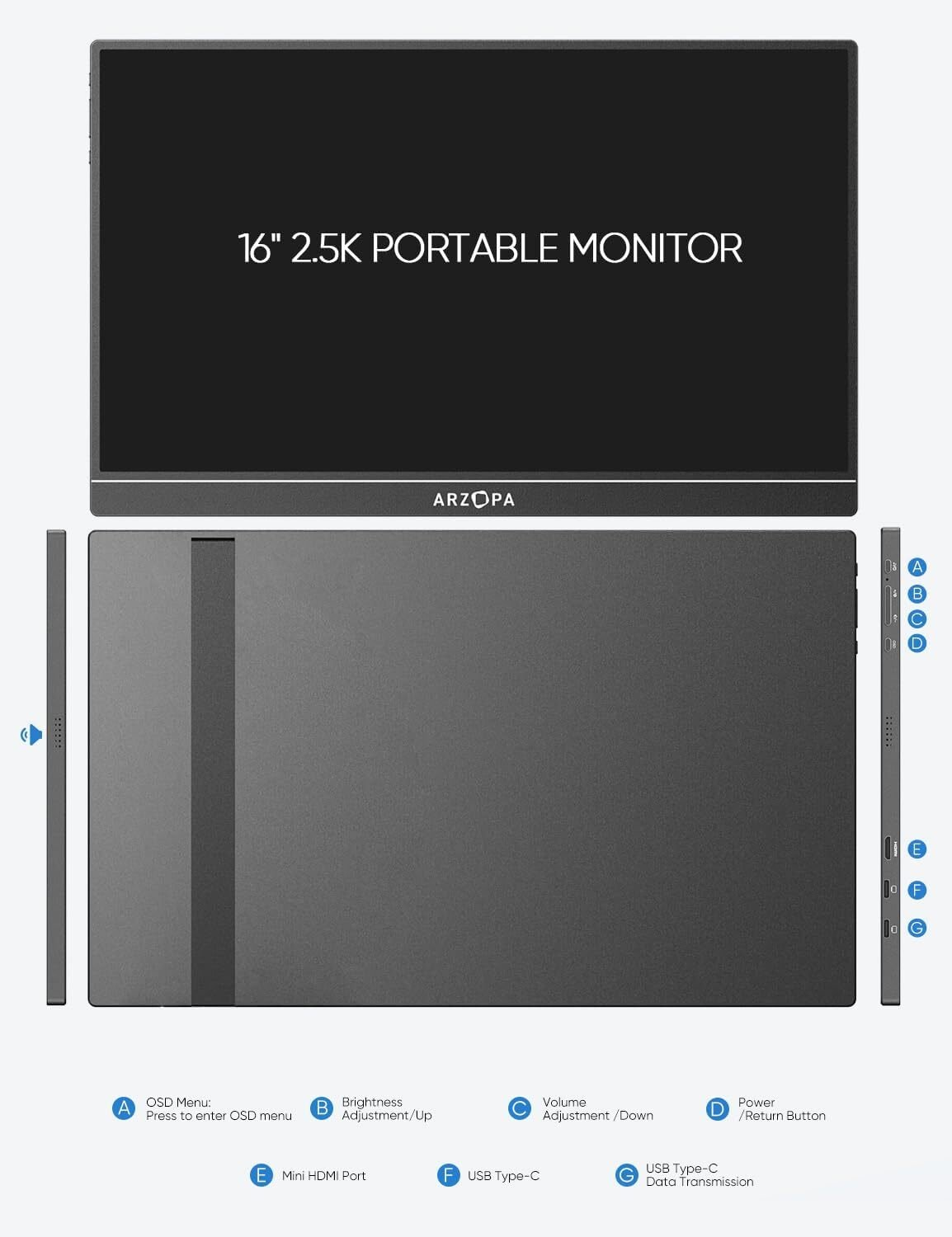 Un monitor portátil gris con una pantalla negra y un diagrama detallado de sus características y puertos.