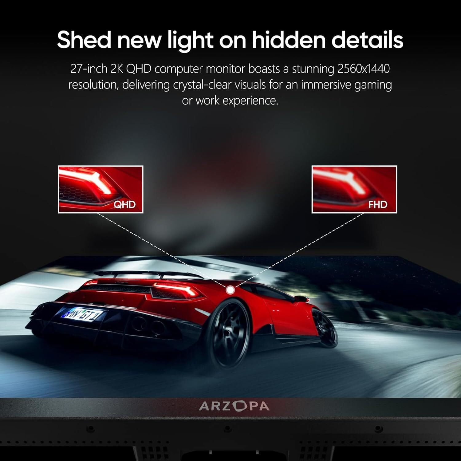 Un monitor muestra un coche rojo en una pista, con etiquetas QHD y FHD.