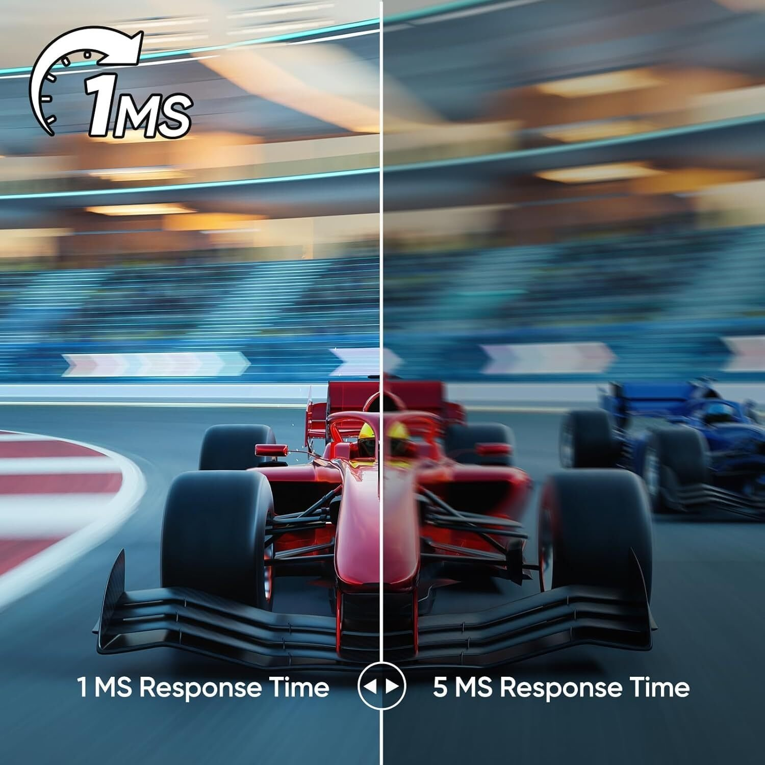 Una pantalla dividida muestra un coche de carreras con tiempos de respuesta de 1ms y 5ms.