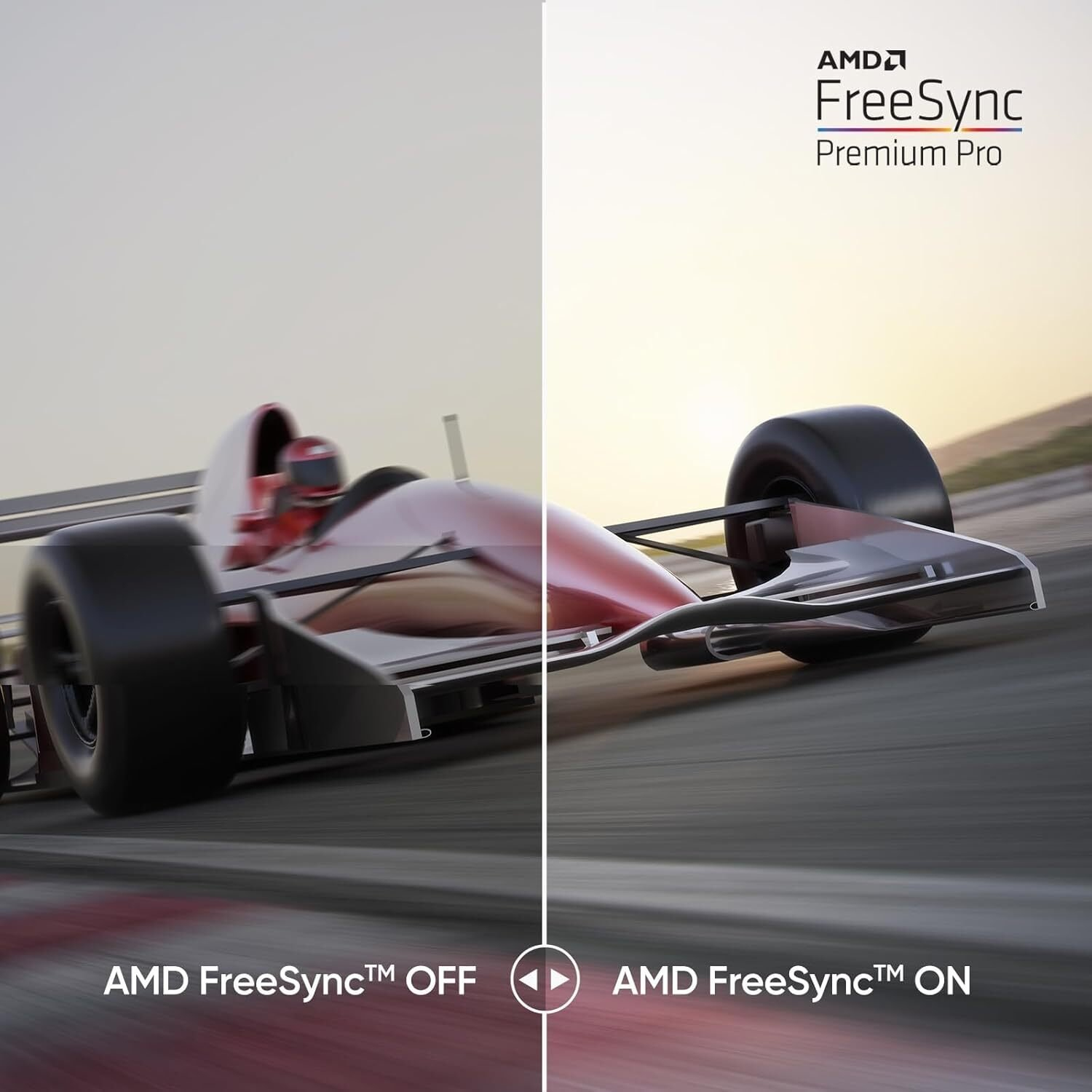 Una pantalla dividida muestra un coche de carreras con AMD FreeSync desactivado y activado.