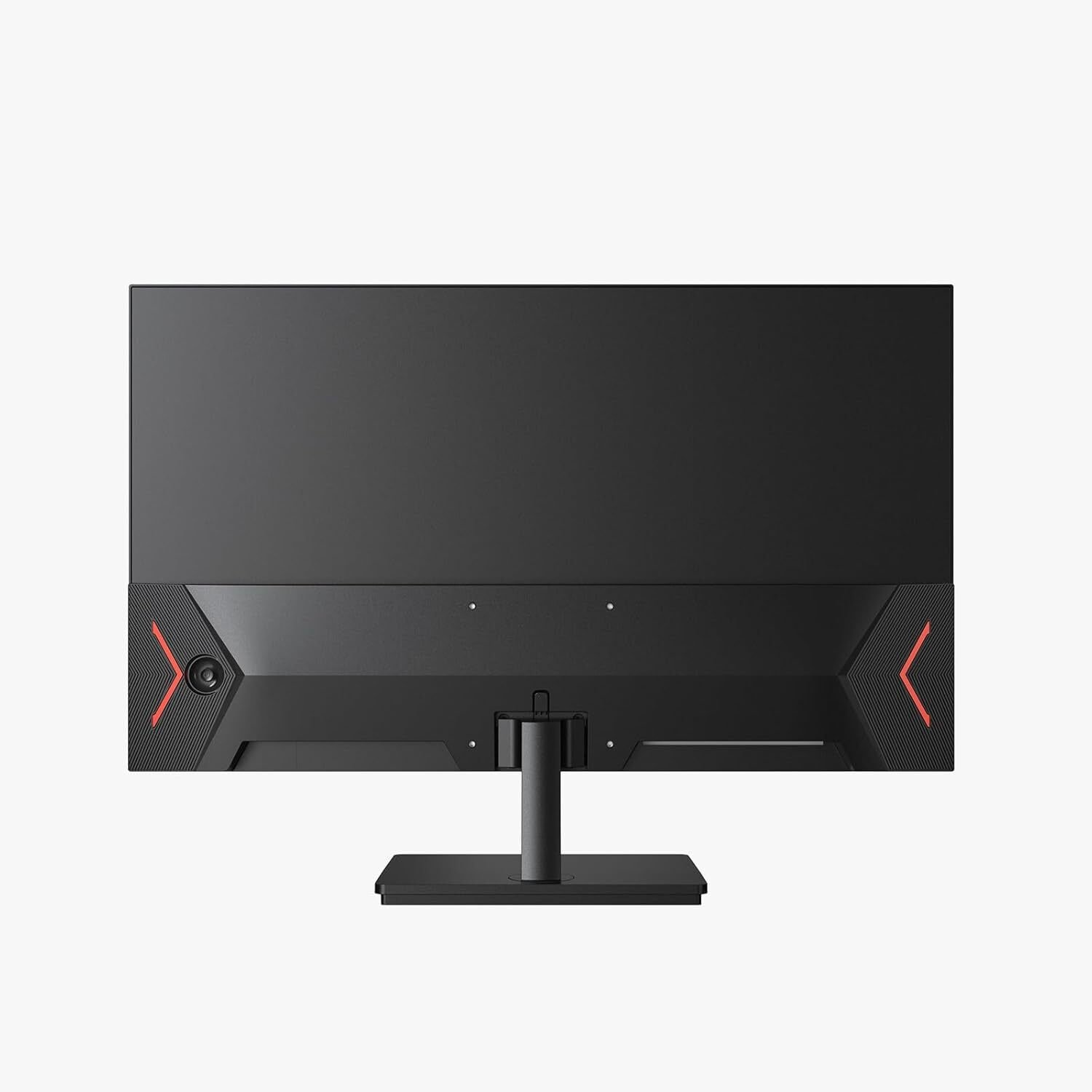 La parte trasera de un monitor negro con acentos rojos y un soporte.