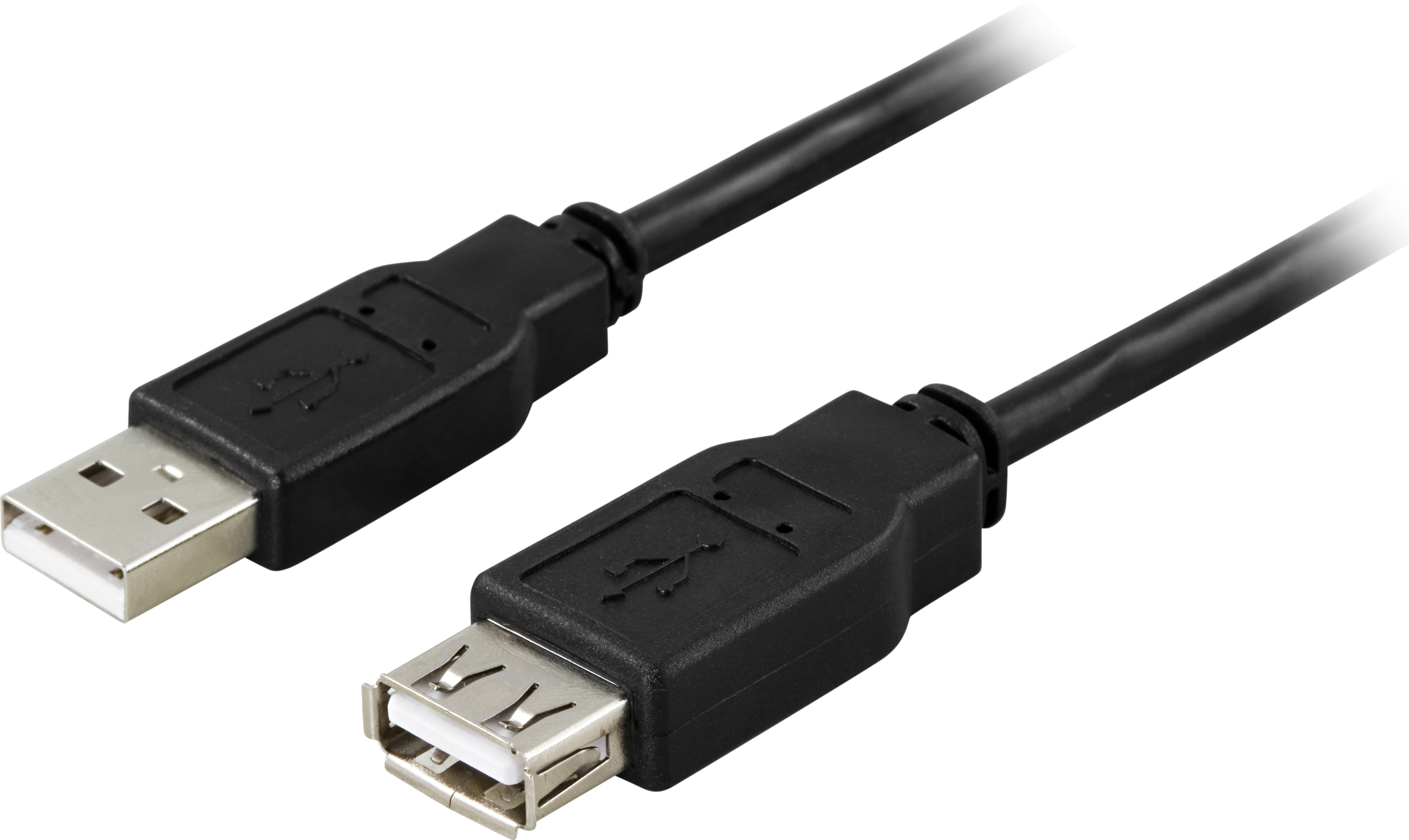 Cavo USB nero con connettore USB e USB-A. Sfondo bianco.