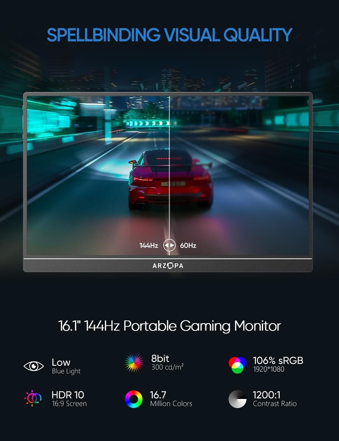 Un monitor que muestra una carrera de coches, con detalles de especificaciones. Fondo azul.