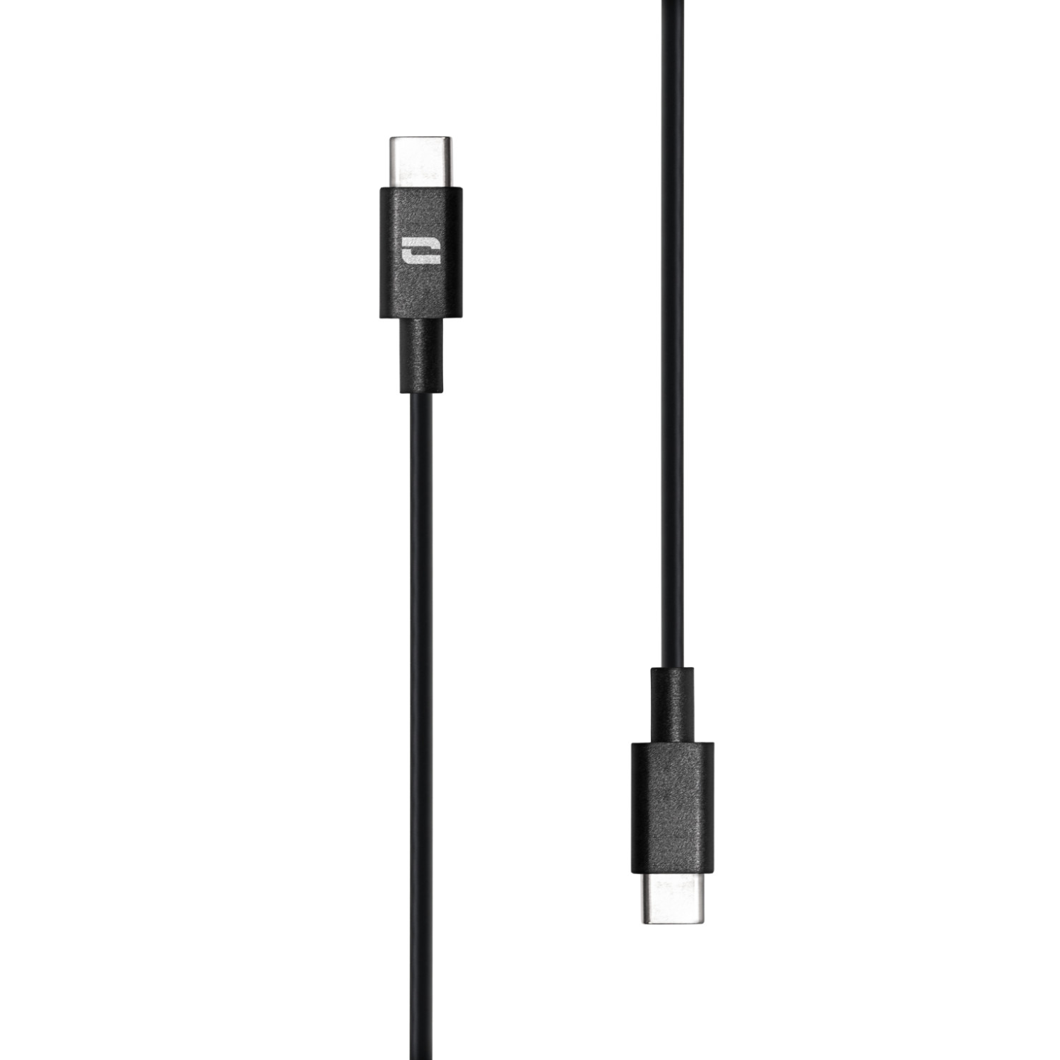 Cavo USB-C nero per ricarica o trasferimento dati. Sfondo bianco.