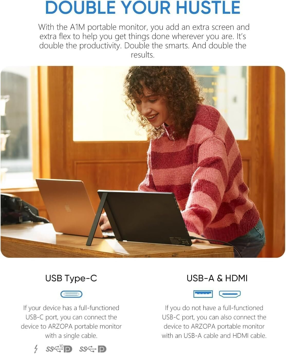 Una mujer usa una laptop con un monitor portátil. El texto dice 'Duplica tu esfuerzo' y detalles del producto.
