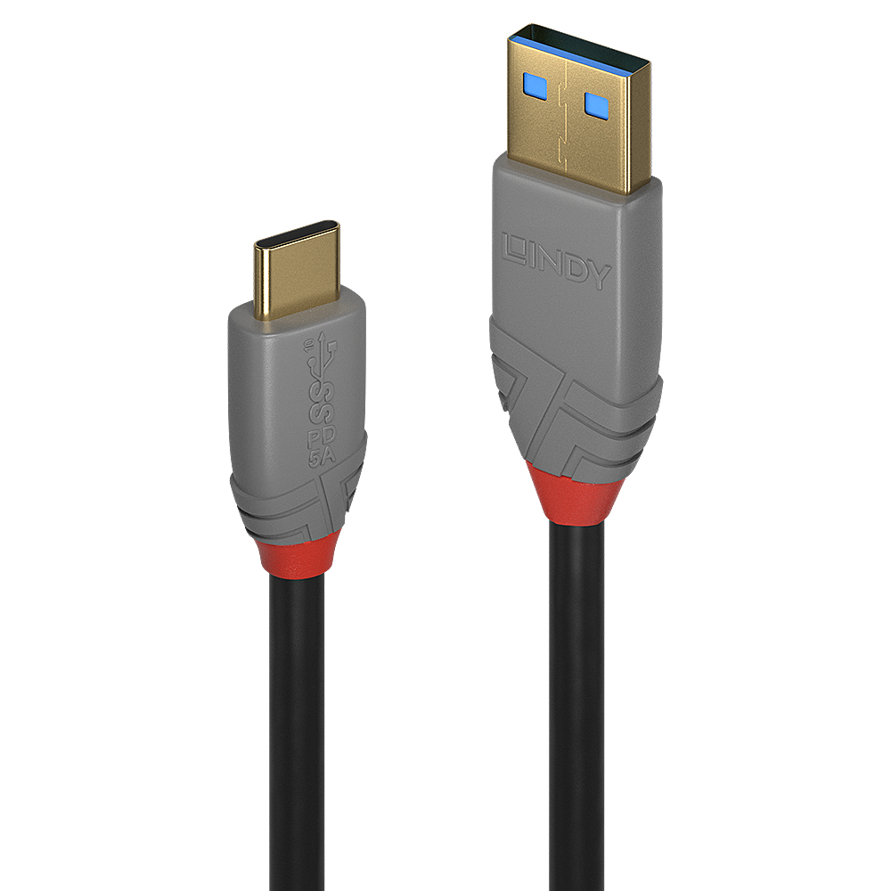Un cavo da USB-C a USB-A nero, con un connettore con accenti grigi e rossi su sfondo bianco.