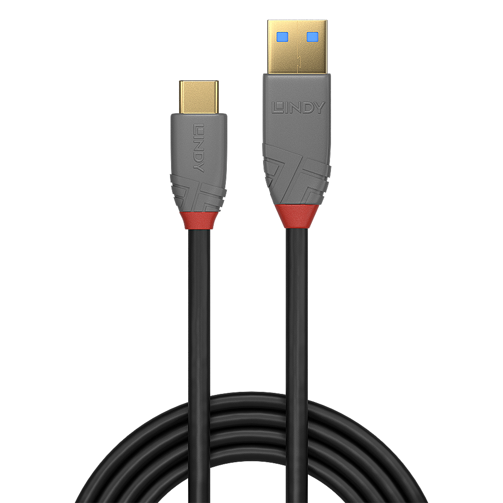 Un cavo da USB-C a USB-A nero, con un connettore con accenti grigi e rossi su sfondo bianco.