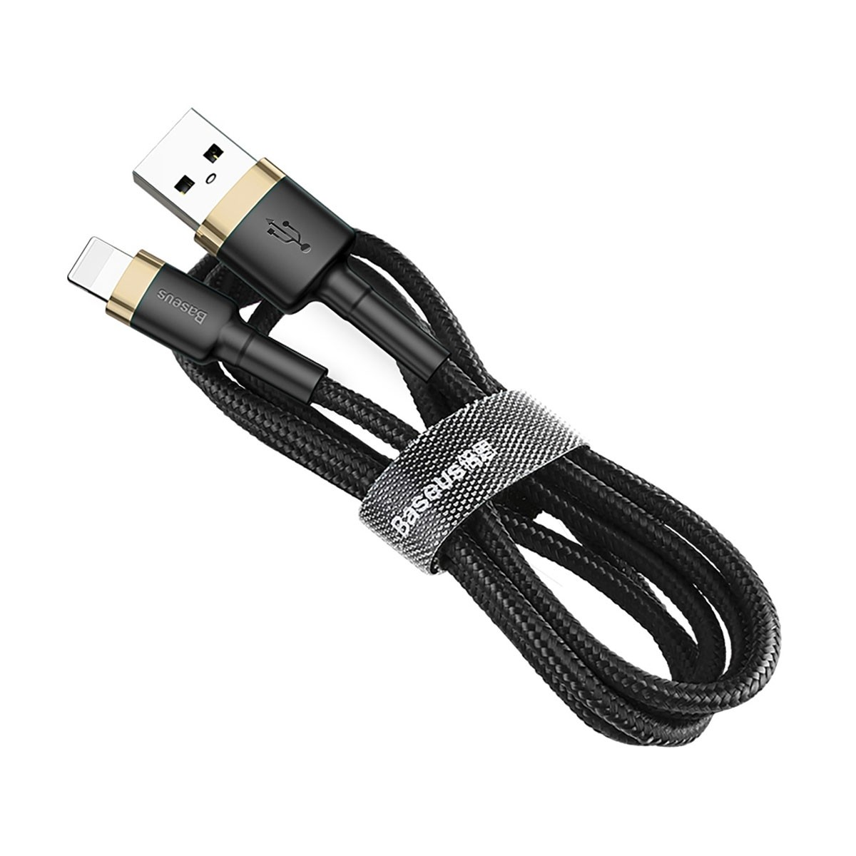 Czarny kabel ze złączami Lightning i USB, z markowym paskiem owiniętym wokół.