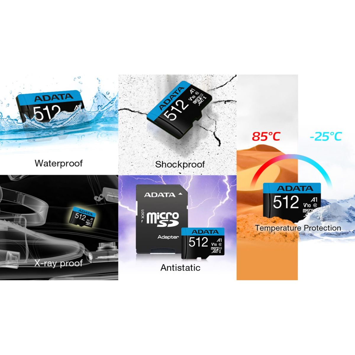 Wiele obrazów przedstawia kartę micro SD ADATA. Wodoodporna, odporna na wstrząsy, antystatyczna i ochrona termiczna.