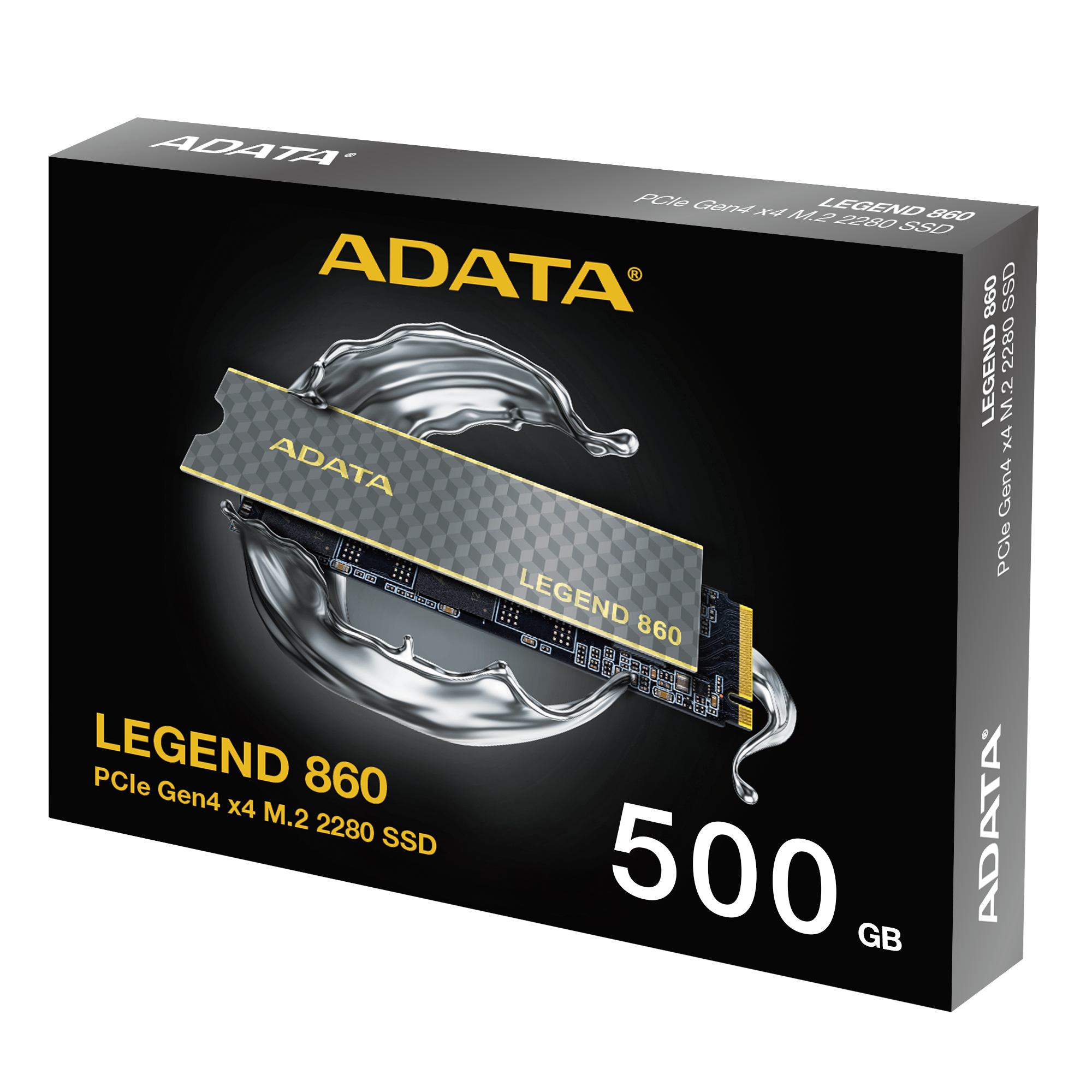 Pudełko SSD ADATA Legend 860, czarne ze srebrnymi rozpryskami. Białe tło.