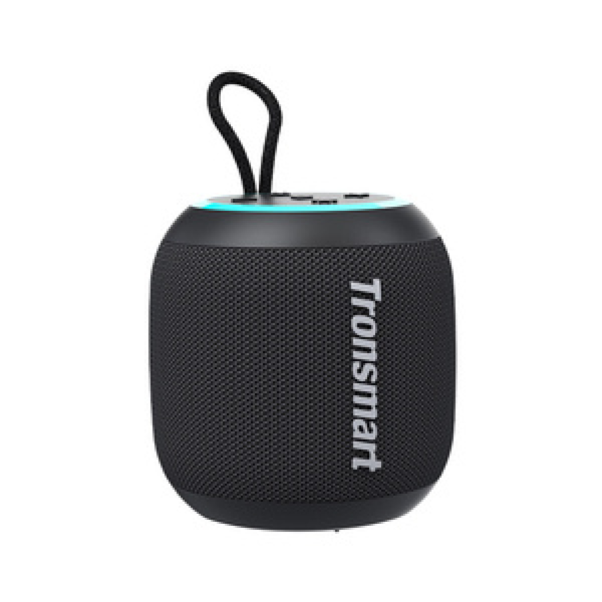 Altoparlante Tronsmart nero con manico. Ha una copertura nera a rete e un anello luminoso in alto.
