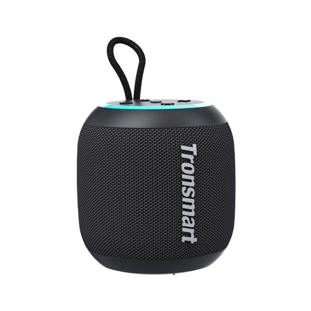 Altoparlante Tronsmart nero con manico. Ha una copertura a rete nera e un anello luminoso in alto.
