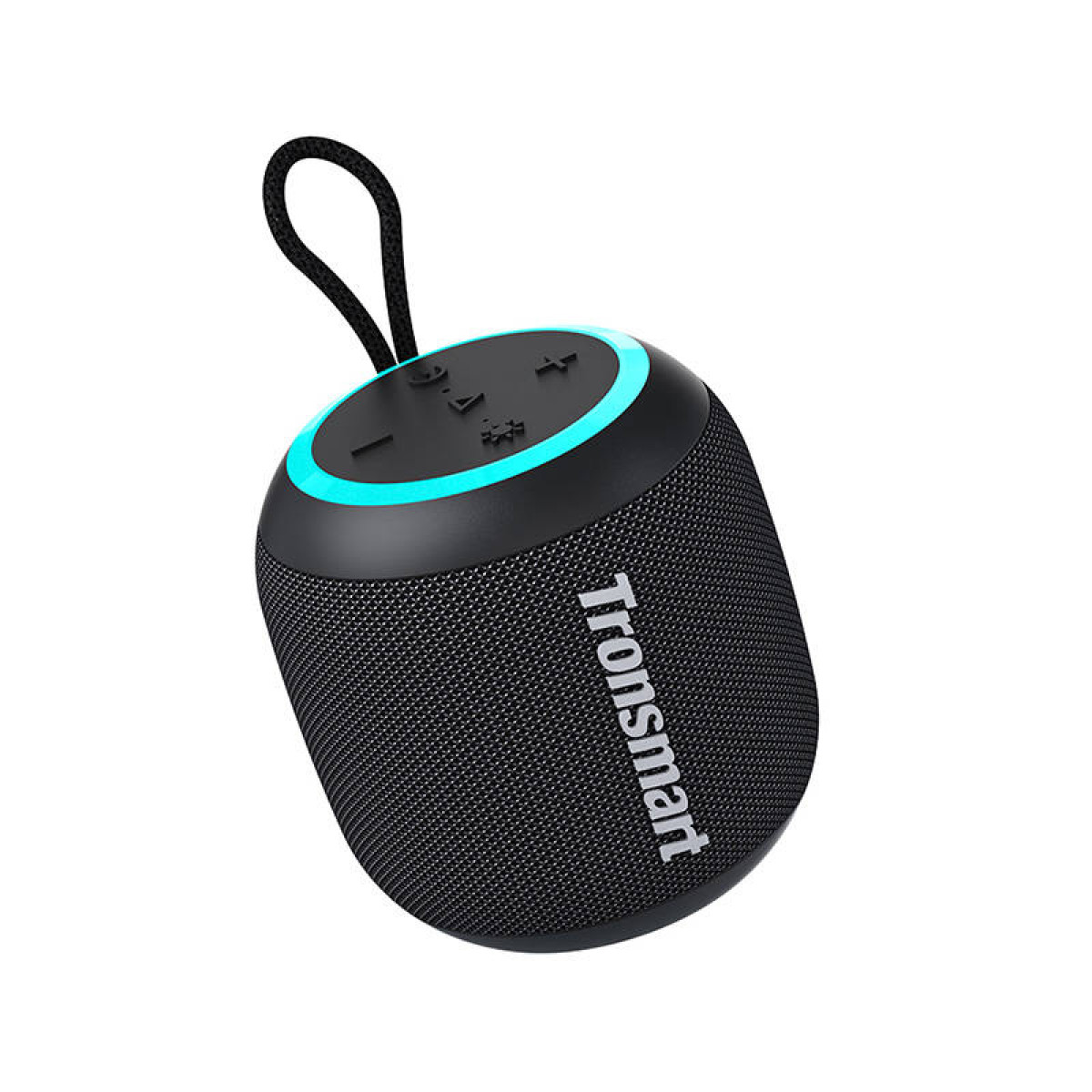 Altoparlante Tronsmart nero angolato. Ha una copertura a rete nera e un anello luminoso in alto, con pulsanti.