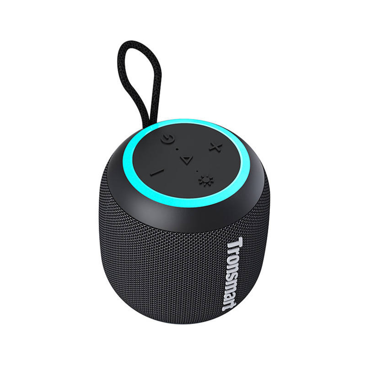 Altoparlante Tronsmart nero con pulsanti sopra. Ha una copertura a rete nera e un anello luminoso.