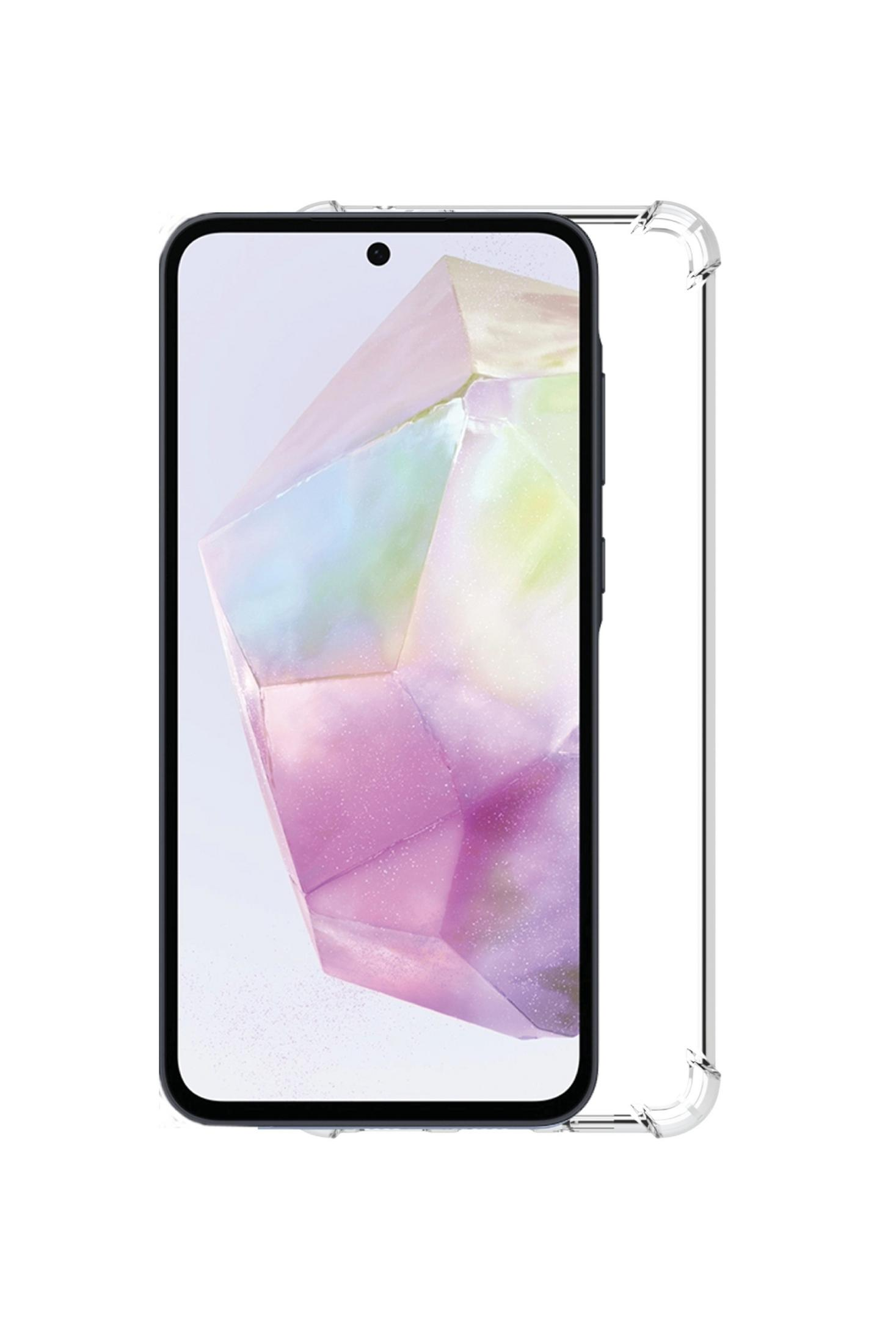 Smartphone con custodia trasparente che mostra un design geometrico colorato sullo schermo, sfondo bianco.
