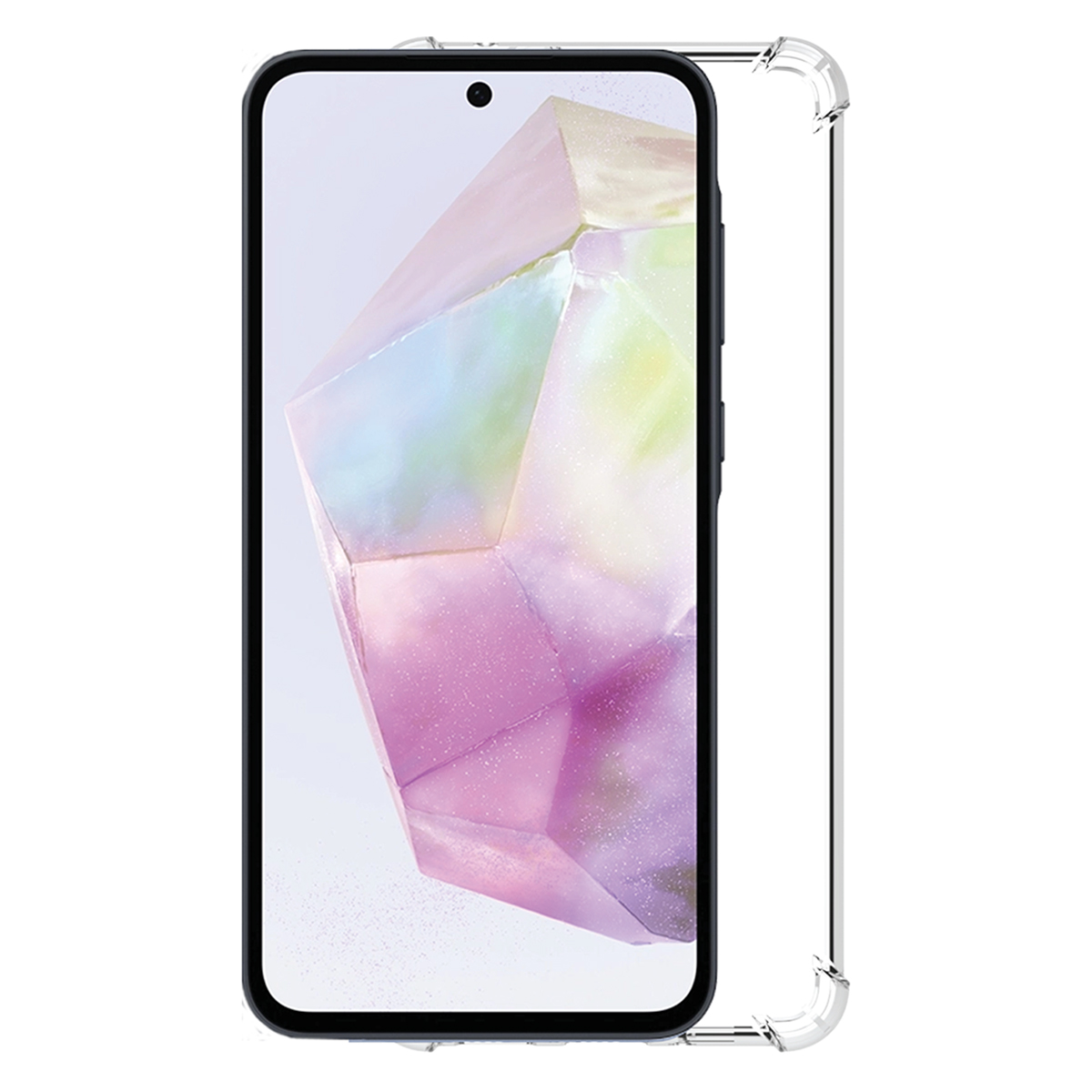 Smartphone con custodia trasparente che mostra un design geometrico colorato sullo schermo, sfondo bianco.
