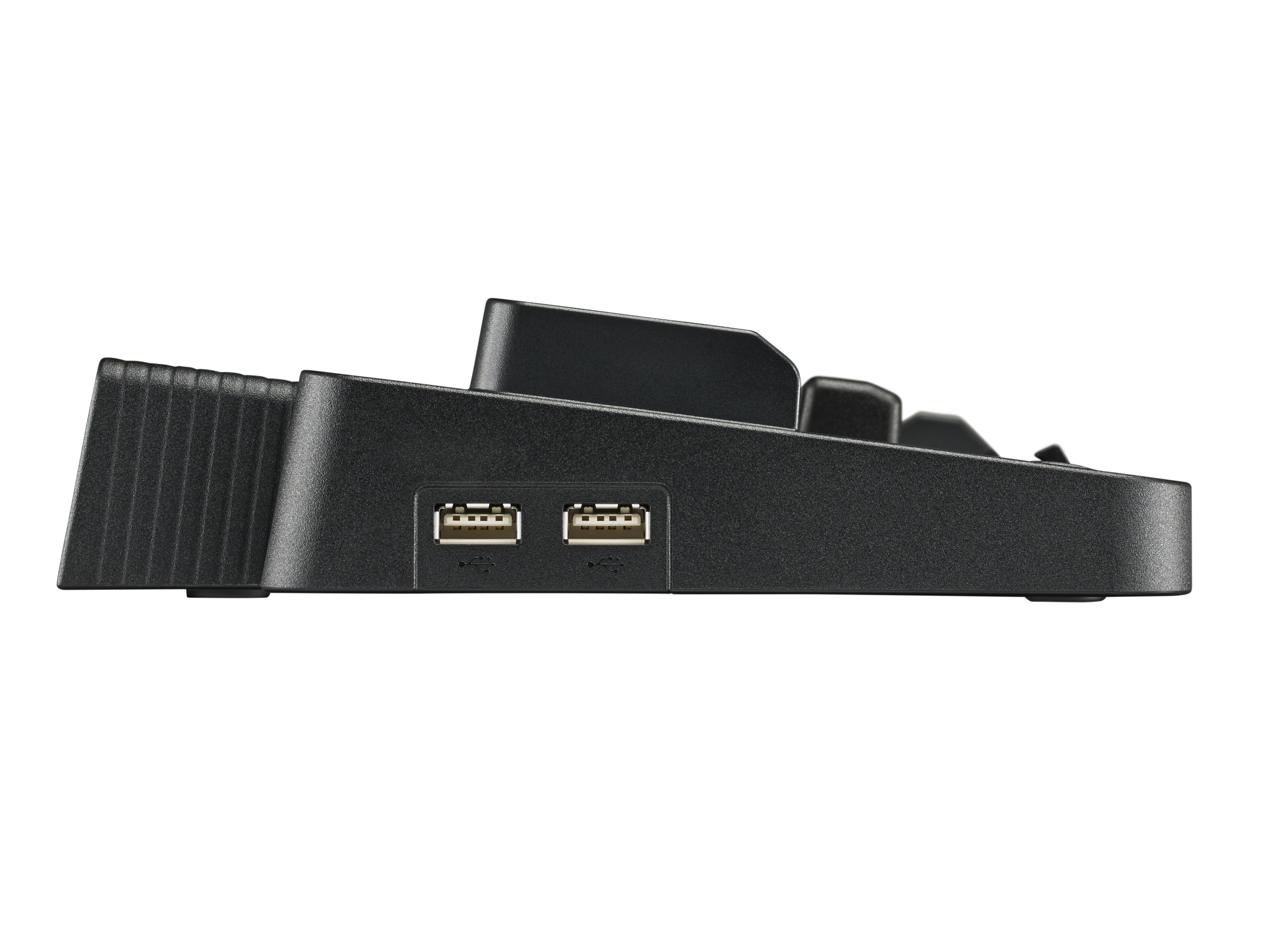 Hub USB nero con due porte USB. Ha una forma rettangolare.