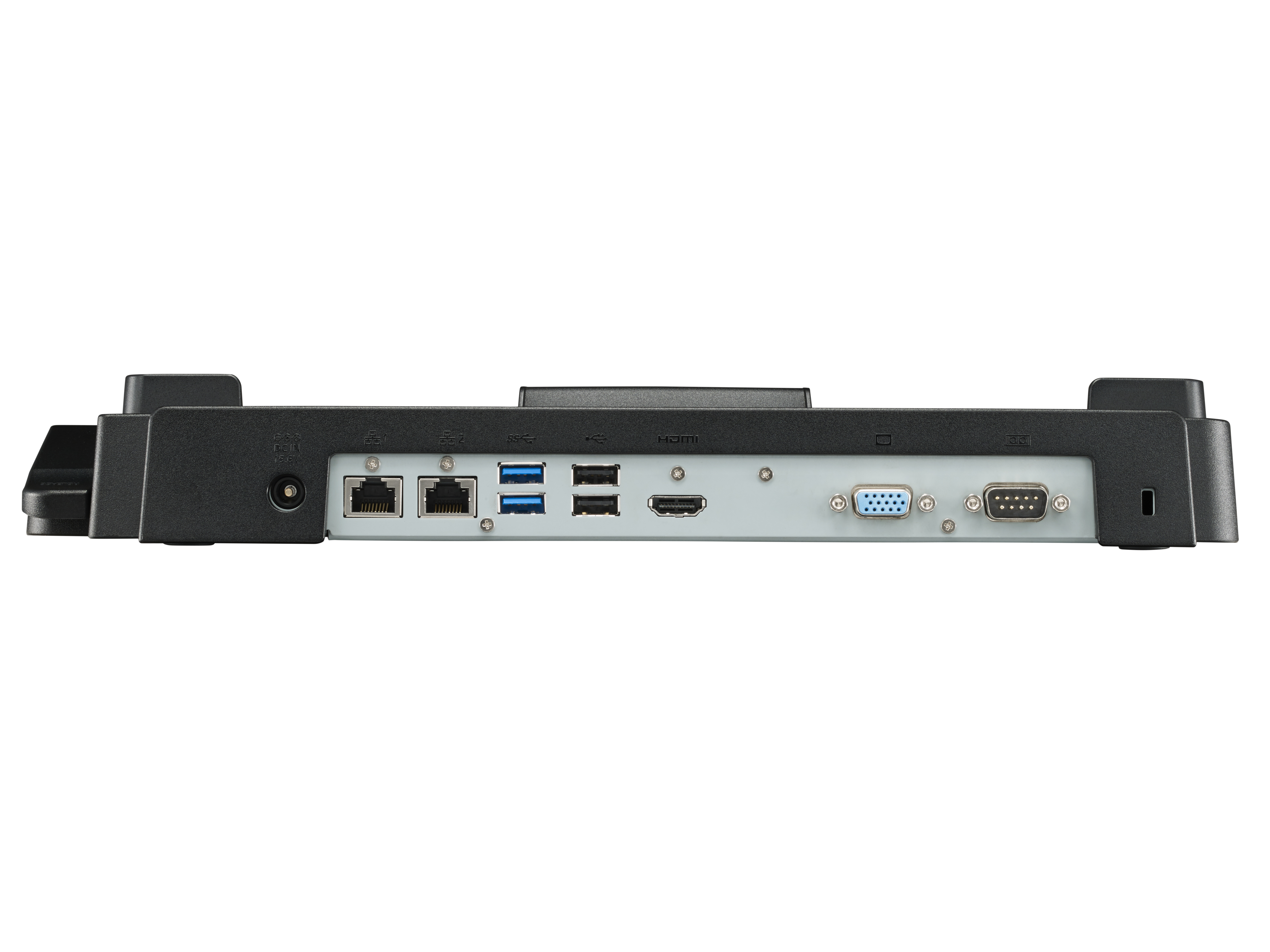 Dispositivo nero con più porte. Dispone di porte USB, HDMI e altre porte di connessione.