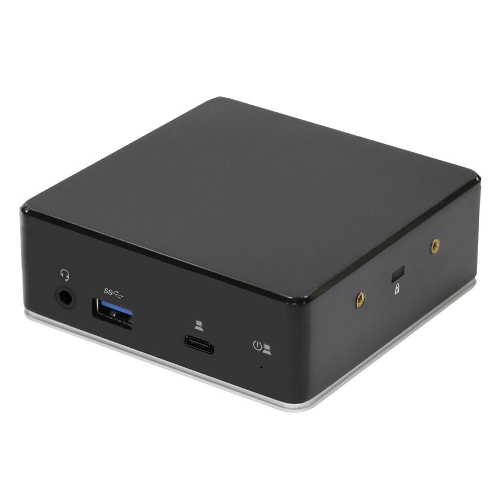 Un piccolo box per computer nero con più porte sui lati. Vista frontale.