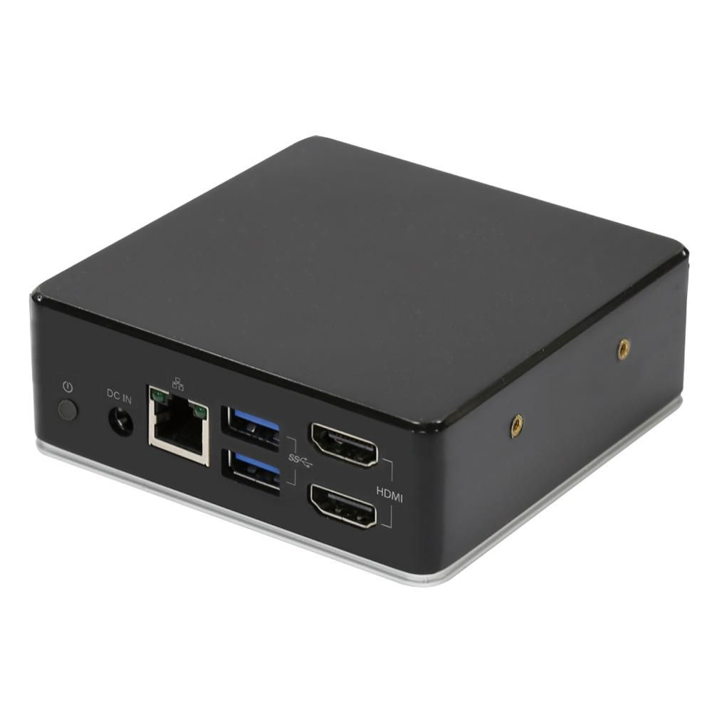 Mini PC nero con più porte: DC IN, LAN, USB e HDMI.