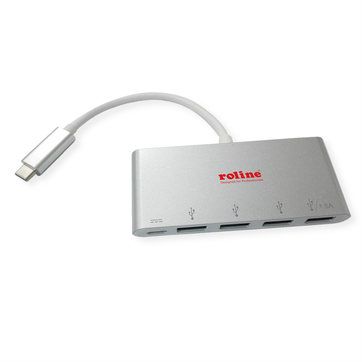 Silberner Roline USB-Hub mit vier Anschlüssen und einem USB-C-Kabel, weißer Hintergrund.